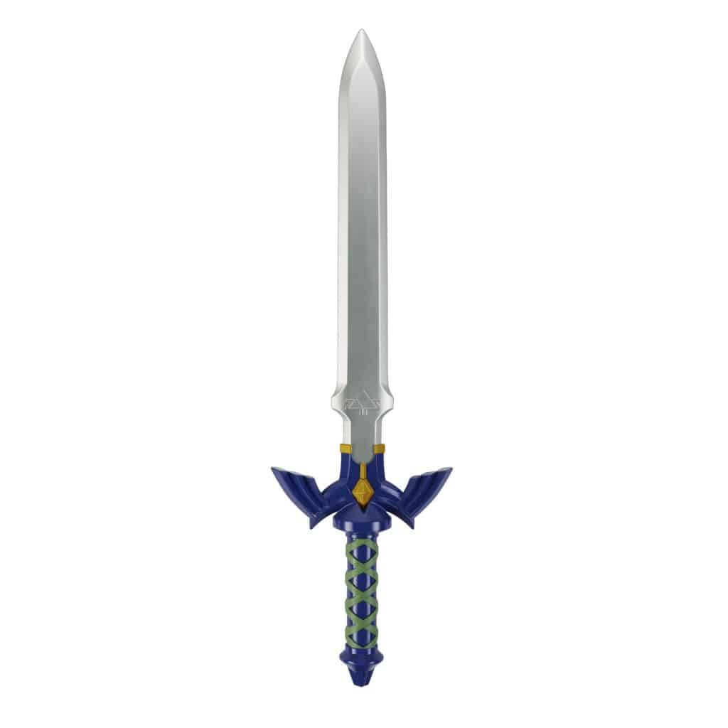 A fantasy sword with a silver blade and a decorative blue and green hilt, featuring a triangular emblem.