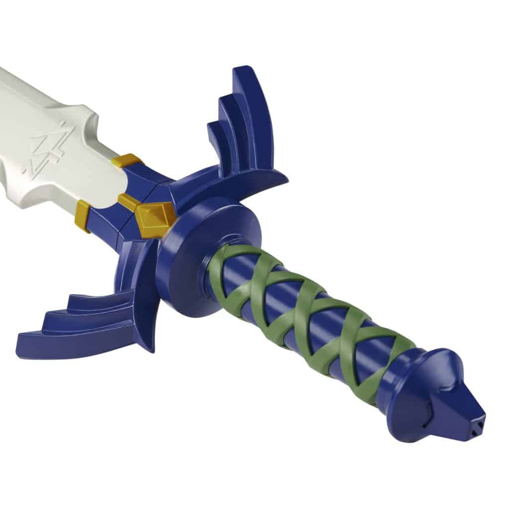 A decorative sword featuring a silver blade and a colorful handle with blue and green accents.