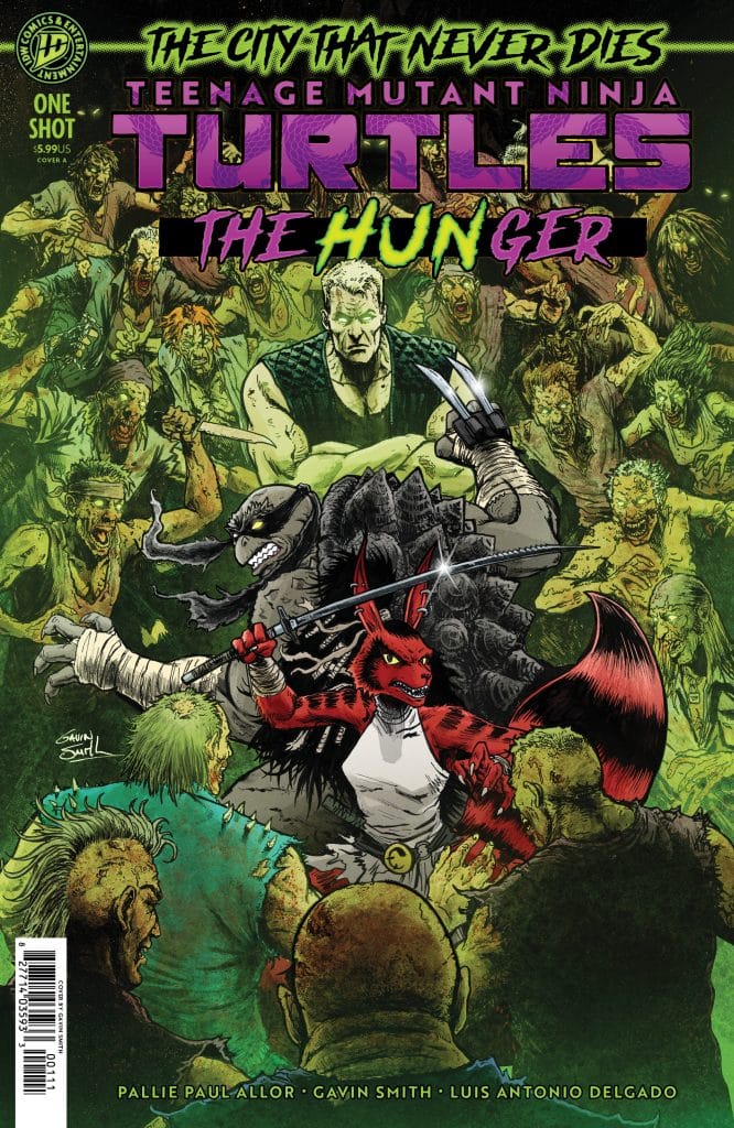 Comic book cover for 'Teenage Mutant Ninja Turtles: The Hunger', featuring a dramatic scene with turtles fighting against zombies in a dark city. The title is prominently displayed in bold colors.