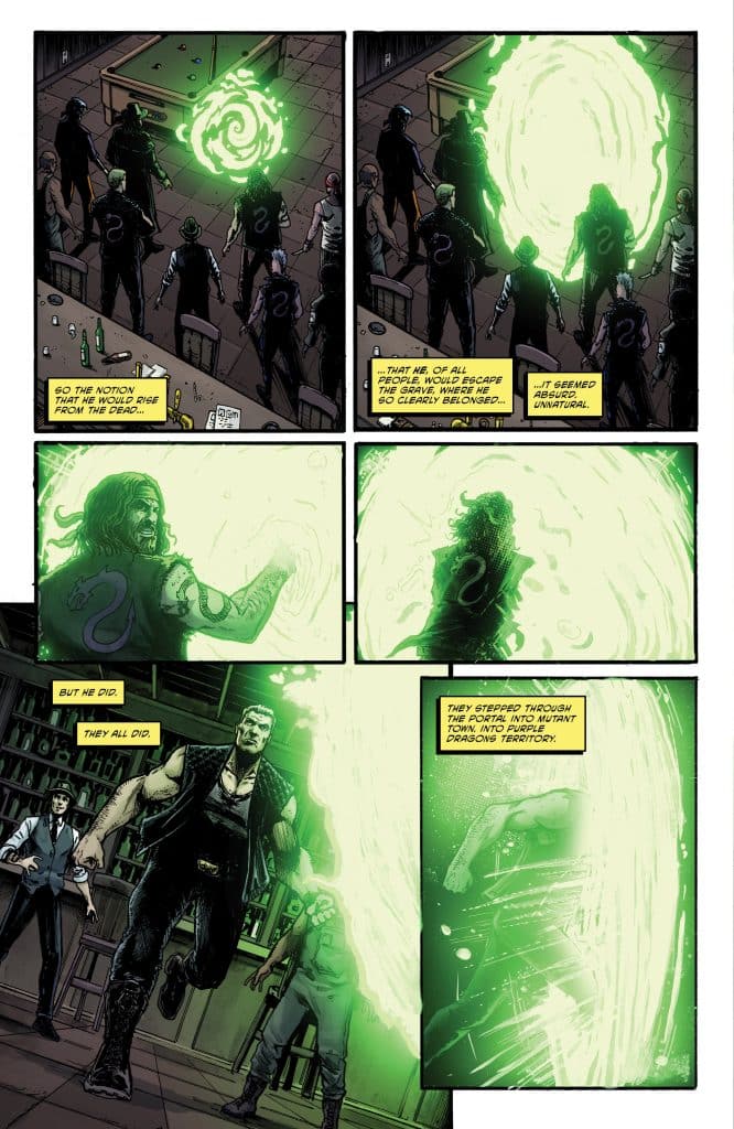 A comic book panel featuring a group of characters observing a swirling green portal in a dimly lit room, with dialogue about someone defying death.