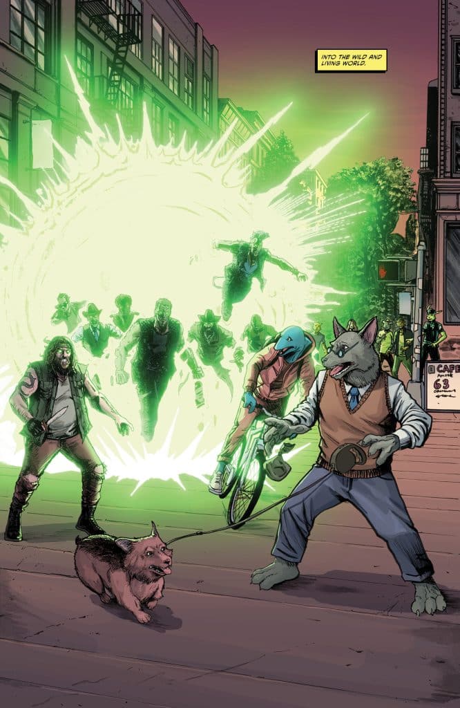 A vibrant comic-style scene depicting anthropomorphic animals in a city street, with a wolf in a vest holding a leash to a small dog, while a strange green energy burst emerges behind them. Various characters, including a cyclist and other humanoids, emerge from the energy portal.