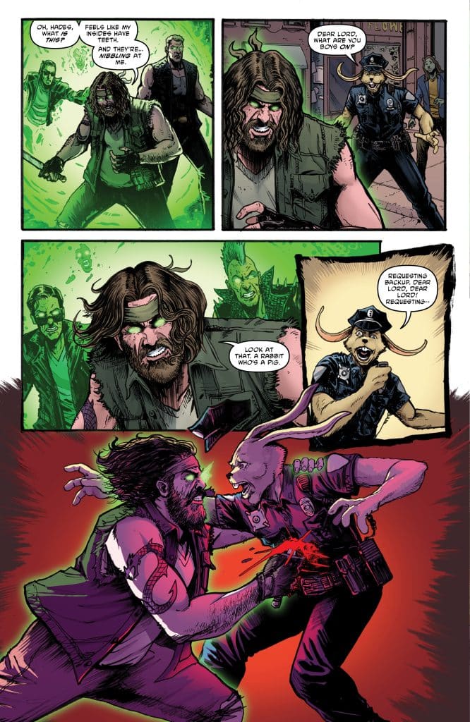 A comic panel featuring a chaotic scene with a rugged man expressing discomfort about something inside him. Another character, who resembles a police officer with animal features, appears alarmed. The background reflects a mix of green and red hues, enhancing the dramatic atmosphere.
