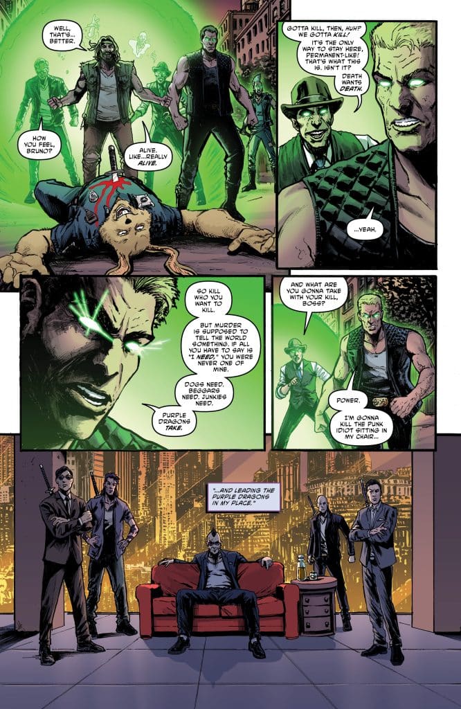 A comic book page featuring characters discussing themes of life, death, and power, with one character resembling a humanoid creature and others in a city setting.