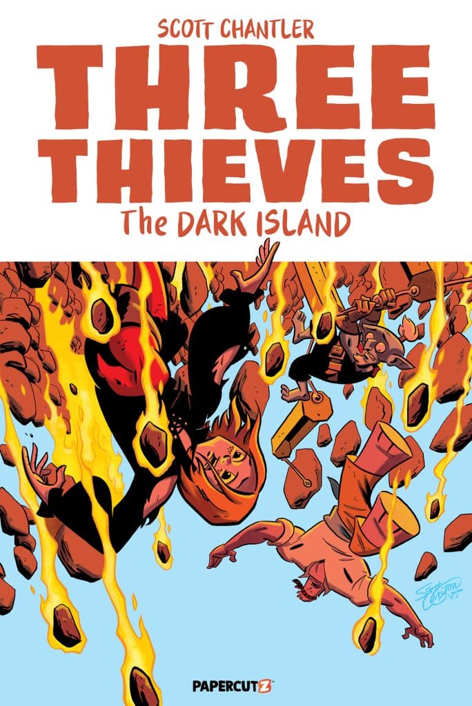 Cover art for 'Three Thieves: The Dark Island' by Scott Chantler, featuring characters surrounded by rocks and flames, creating an action-packed scene.