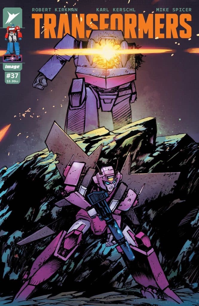 Comic book cover for Transformers #37 featuring a pink robotic character wielding a weapon, standing on rocky terrain with a larger, darker robot in the background.