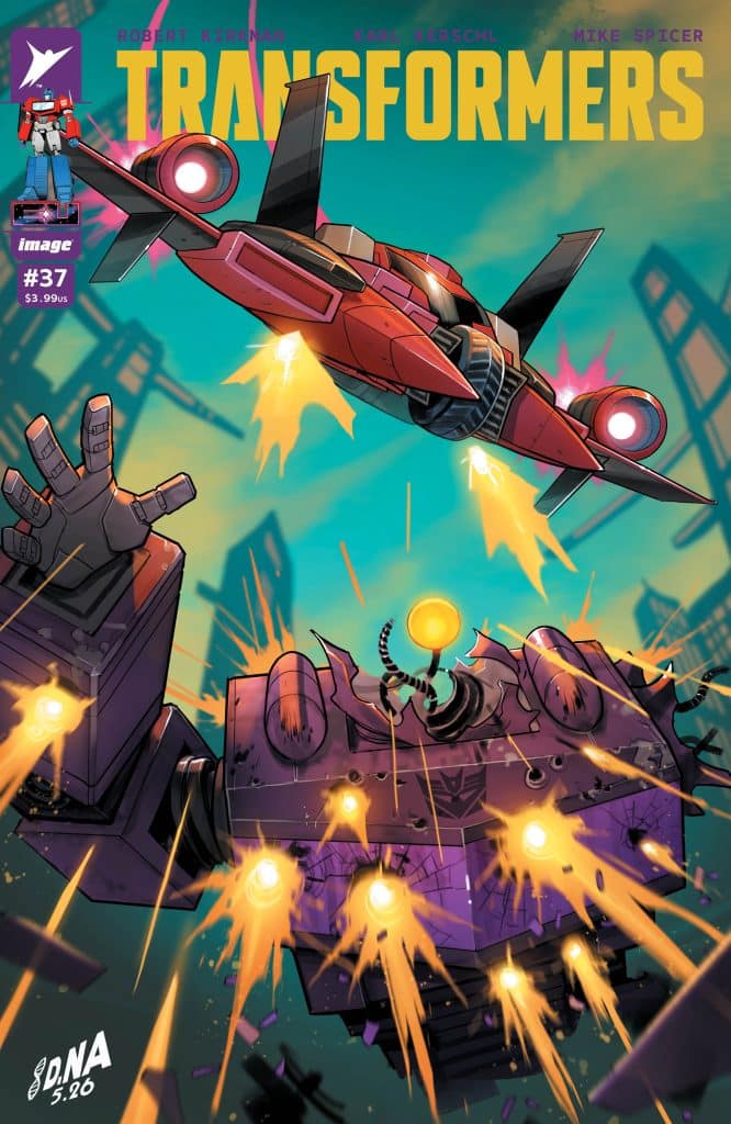 Comic book cover featuring two robotic jets flying over a massive adversarial robot, with explosions and energy beams depicted.