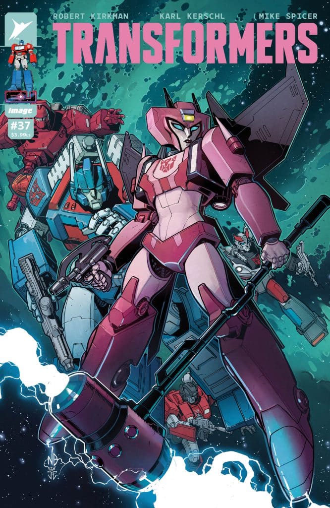 Cover of the Transformers comic issue #37, featuring a pink robot in the forefront holding a weapon, with other robotic characters in the background set against a space-themed backdrop.