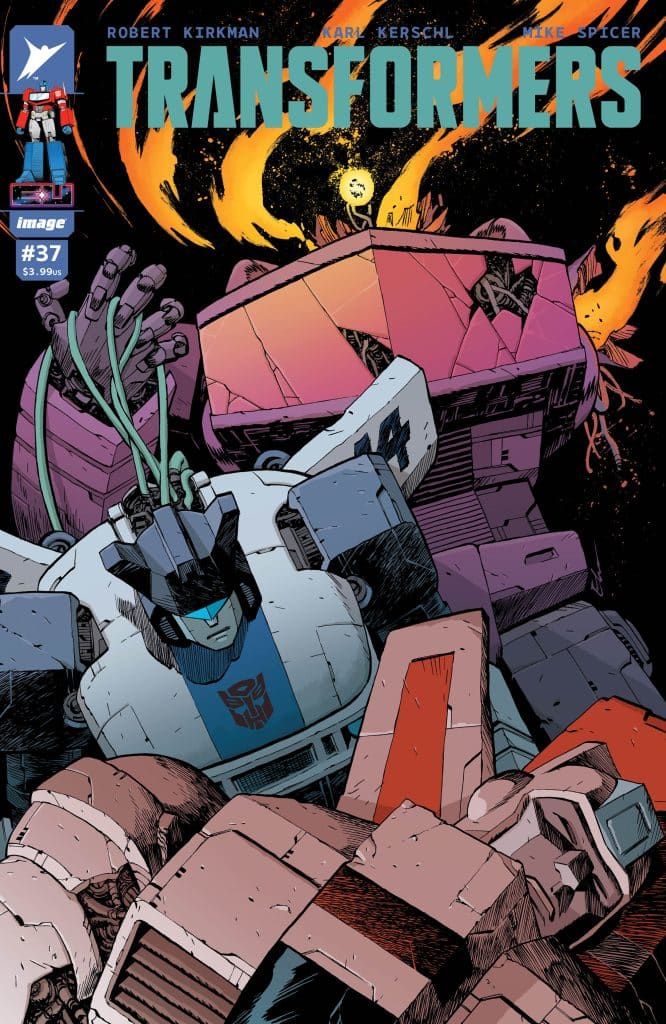 Cover of Transformers comic book issue #37, featuring various robotic characters in an action-packed scene with vibrant colors and dynamic poses.