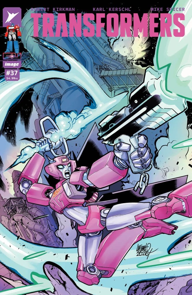 Comic book cover featuring a pink Transformers character in action, wielding a weapon with energy blasts in the background.