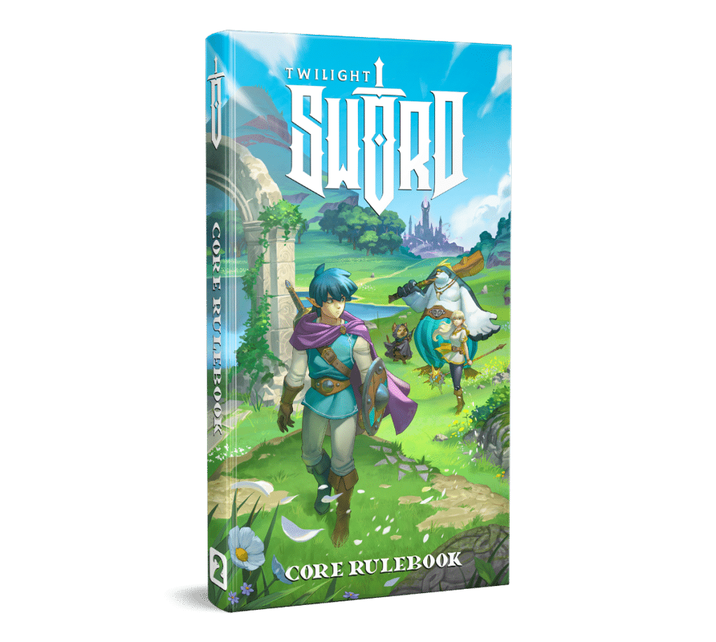 Cover of the 'Twilight Sword Core Rulebook' featuring a fantasy landscape with two characters in adventurous poses, one wielding a sword and another dressed in a cloak.