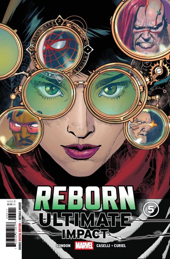 Comic book cover featuring a woman wearing steampunk-style goggles with various superheroes and villains reflected in the lenses. The title 'Reborn Ultimate Impact' is prominently displayed.