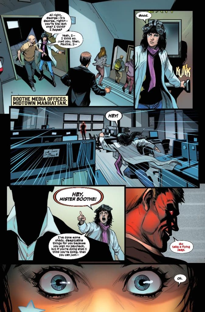 Comic panel set in Boothe Media offices in Midtown Manhattan, featuring characters in a discussion. A woman in a lab coat and goggles calls out to a man named Mister Boothe, while showing a worried expression. The background includes office desks and a faint silhouette of another character.