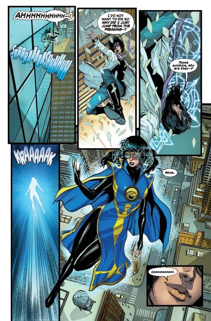 A comic book panel depicting a character in a blue and yellow superhero costume with flowing hair. The character appears to be flying above a cityscape while another character falls in the background, surrounded by shattered glass and dramatic sound effects.