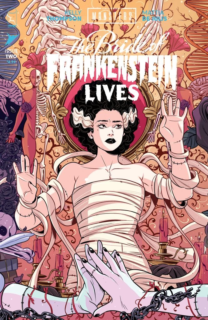 Comic book cover of 'The Bride of Frankenstein Lives', featuring a woman in a bandaged dress, surrounded by skeletal and anatomical illustrations, candles, and intricate designs.
