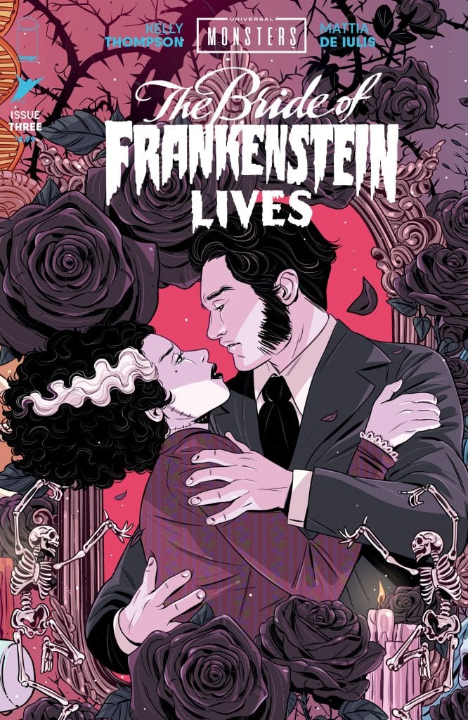 Cover art for 'The Bride of Frankenstein Lives' comic featuring the Bride and Frankenstein in a dramatic embrace surrounded by roses and skeletons.