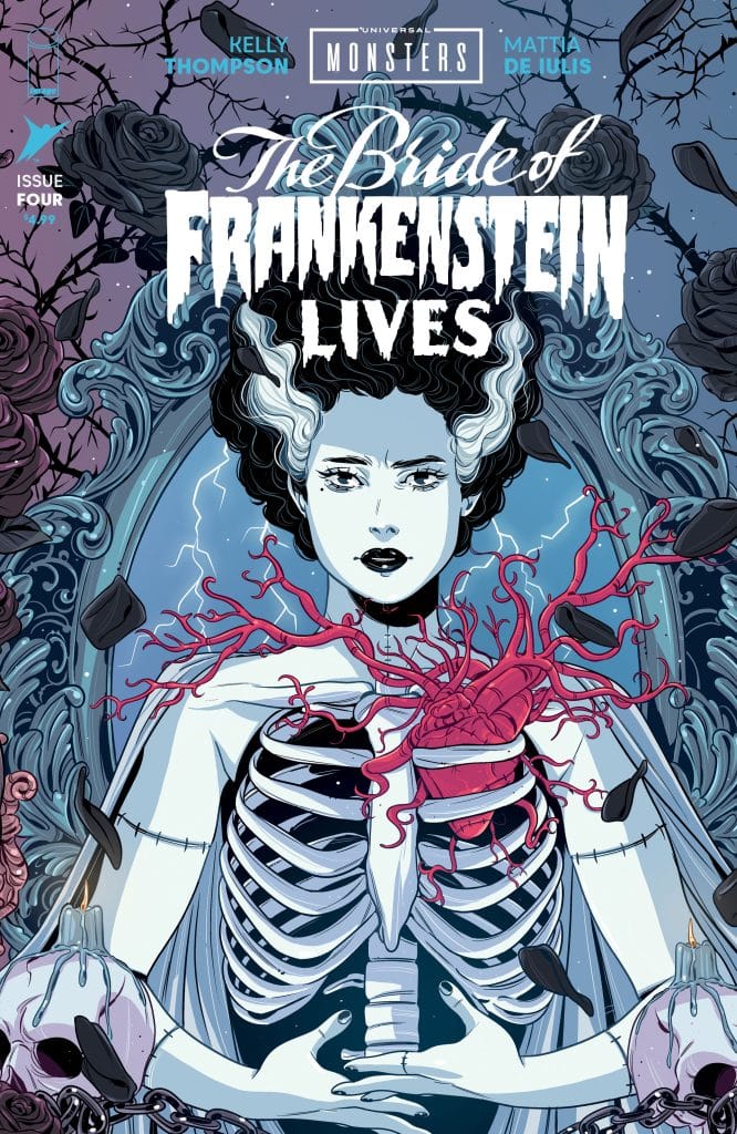 Comic book cover for 'The Bride of Frankenstein Lives', featuring a skeletal figure with a heart in the chest area, surrounded by roses and dark elements, with the title prominently displayed.
