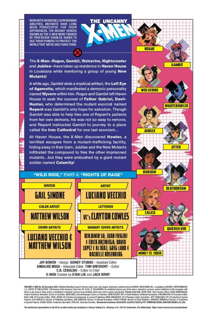 A comic book page from 'The Uncanny X-Men,' featuring various characters including Rogue, Gambit, Wolverine, Nightcrawler, Jubilee, and others. The page includes a brief synopsis of a storyline involving the X-Men mentoring young mutants and confronting a demon-related issue.