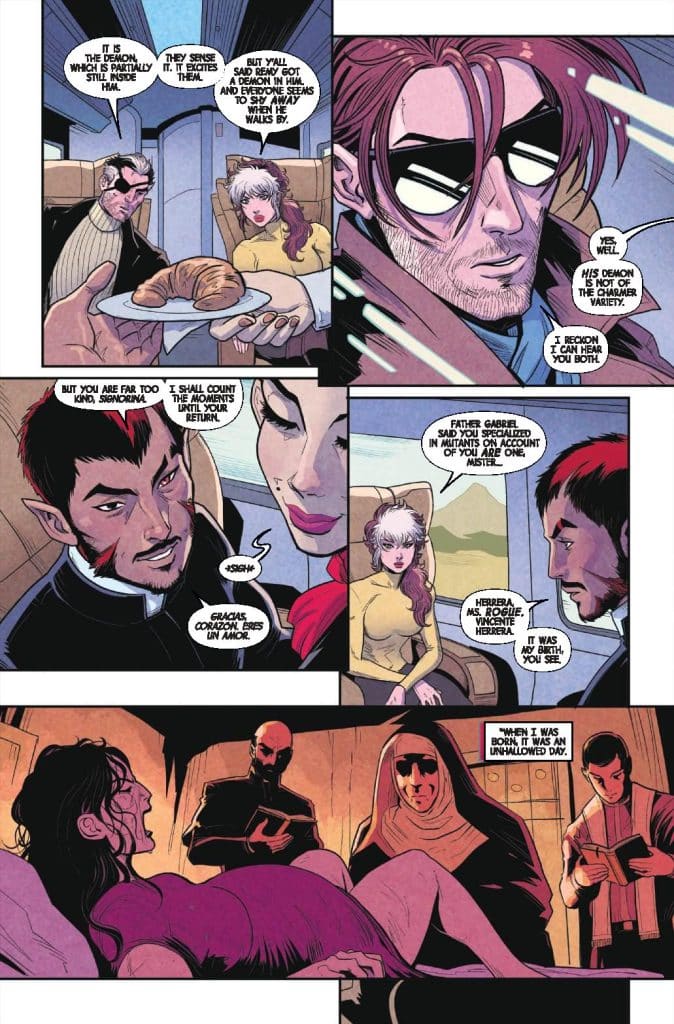 A comic book panel depicting several characters in a conversation, featuring a man with sunglasses, a woman with curly hair, and a priest discussing a mysterious entity. The setting appears to be inside a vehicle, with characters expressing various emotions regarding the situation.