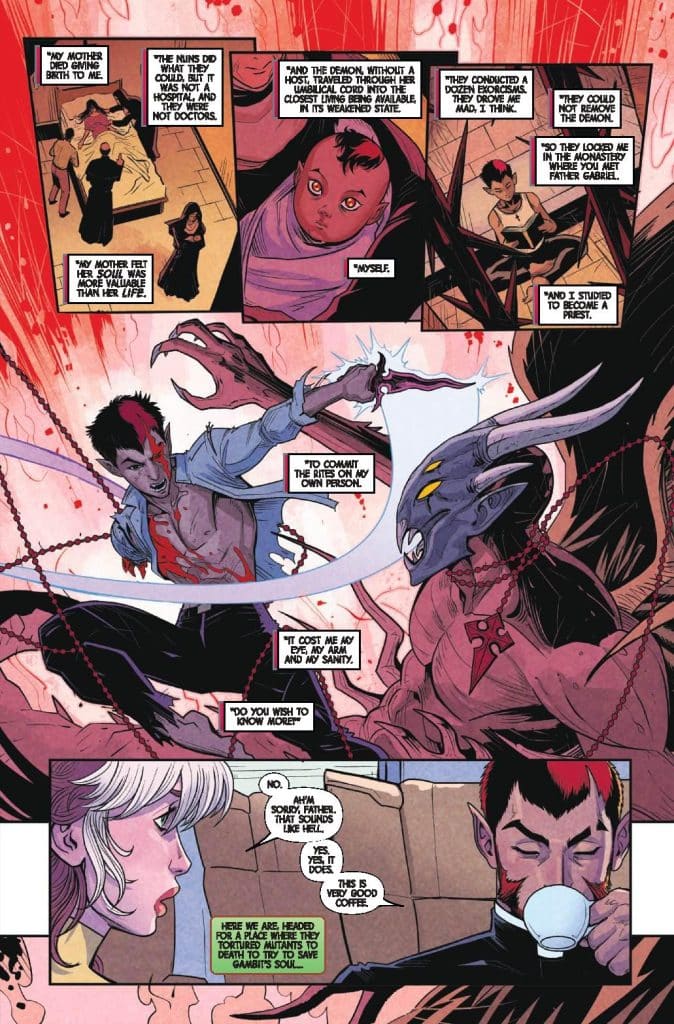 Comic book page featuring dialogue and illustrations: a character with a dark past speaks about a demon, while another character expresses discomfort over the story.