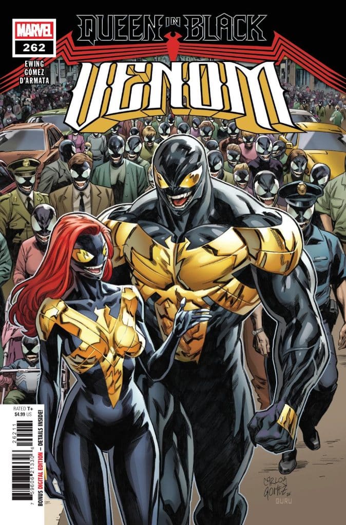 Cover of Marvel's comic 'Venom #262', featuring the characters Venom and a female companion in black and yellow suits, standing in front of a crowd wearing similar masks.