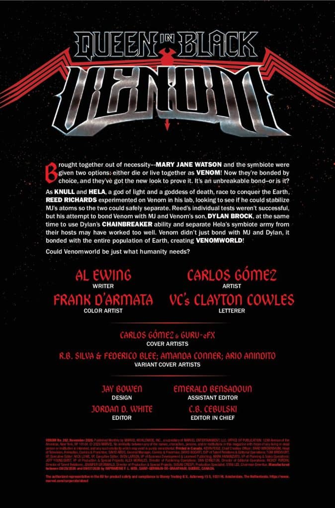 Promotional page for 'Queen in Black: Venom' comic, featuring credits for writers, artists, and editorial team, with a bold title and synopsis highlighting characters Mary Jane Watson, Venom, and Knull.