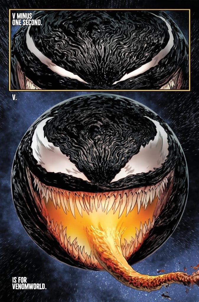 A dramatic comic panel featuring a large, menacing black creature with sharp teeth and glowing orange eyes, set against a starry background. The creature is depicted in a spherical shape with a long, glowing tendril extending from its mouth, accompanied by the text 'V MINUS ONE SECOND' and 'IS FOR VENOMWORLD.'