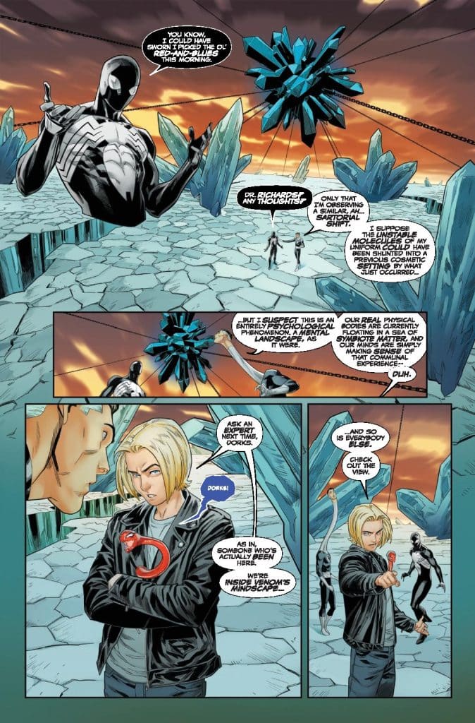 A comic book scene featuring a character in a black suit with a spider emblem making a hand gesture, surrounded by crystalline formations and a colorful sky. Two other characters, one with blonde hair in a leather jacket and another dressed in a metallic look, engage in conversation about their current situation within a mental landscape.