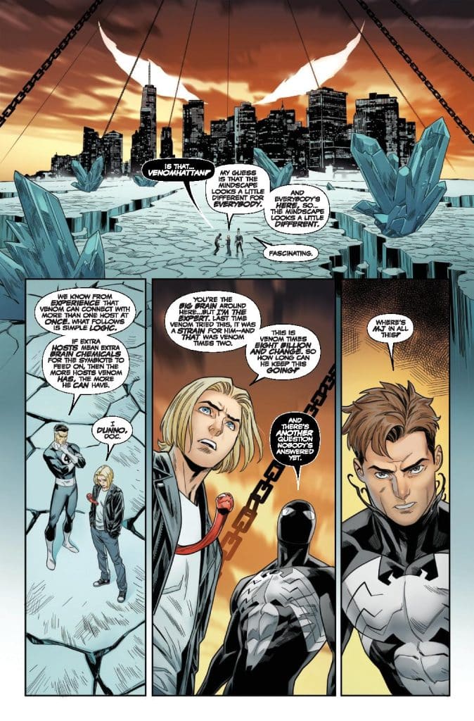 A comic book page featuring three characters discussing Venom and the landscape around them, with a city skyline in the background and large crystals in the foreground.