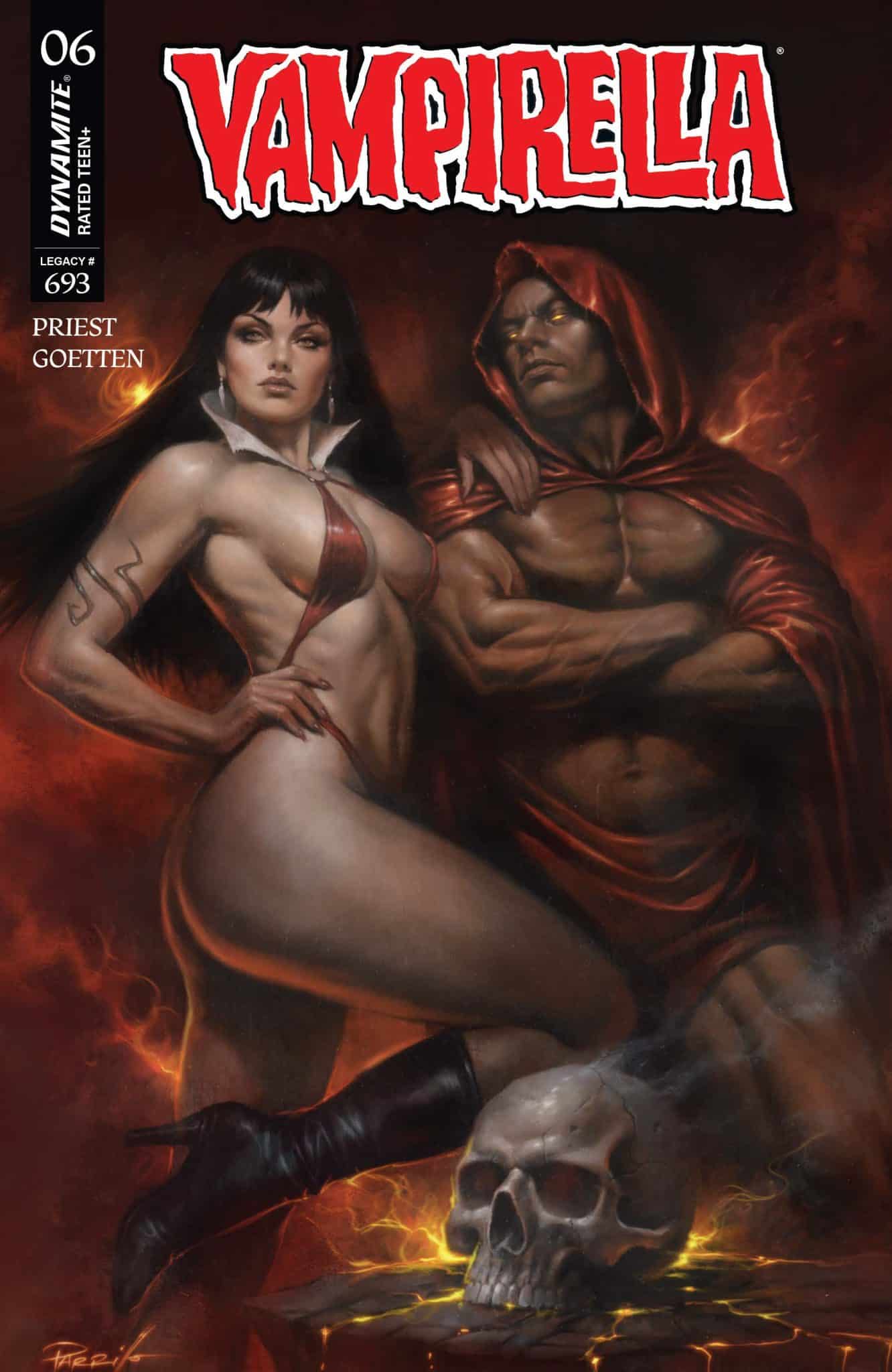 Vampirella comic cover featuring the titular character in a revealing outfit, standing confidently beside a muscular figure in a hooded cloak, with a skull at their feet and a dramatic, fiery background.