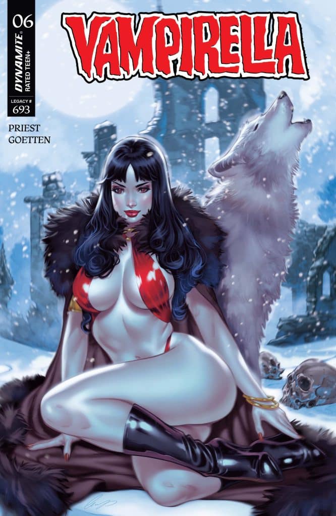 Vampirella comic cover featuring the character in a snowy landscape, wearing a red and black outfit, surrounded by ruins and a wolf.
