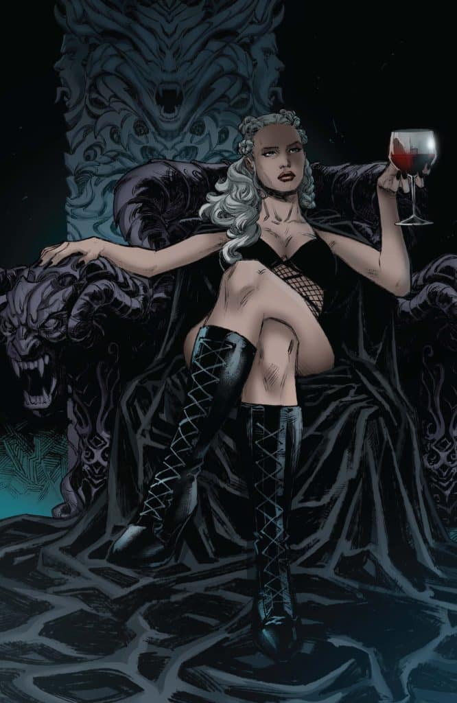 A confident woman with long, silver hair sits on an ornate dark throne, wearing a black outfit and knee-high boots, holding a glass of red liquid.