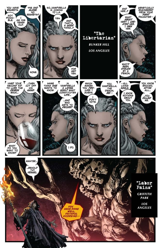 A comic book page featuring a conversation between two characters, one with silver hair and a serious expression, discussing Vampirella coming to Los Angeles. Another character is depicted in a dark robe, holding a staff with flames, as they address a monstrous figure in a sinister setting.
