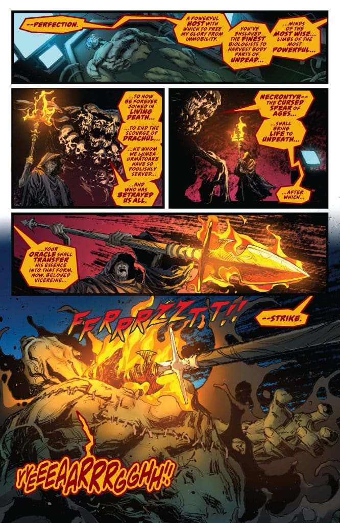 A comic book panel depicting a dark, mystical scene with a hooded figure wielding a fiery spear, surrounded by skeletal figures and an imposing, monstrous form. The text conveys themes of power, betrayal, and death.