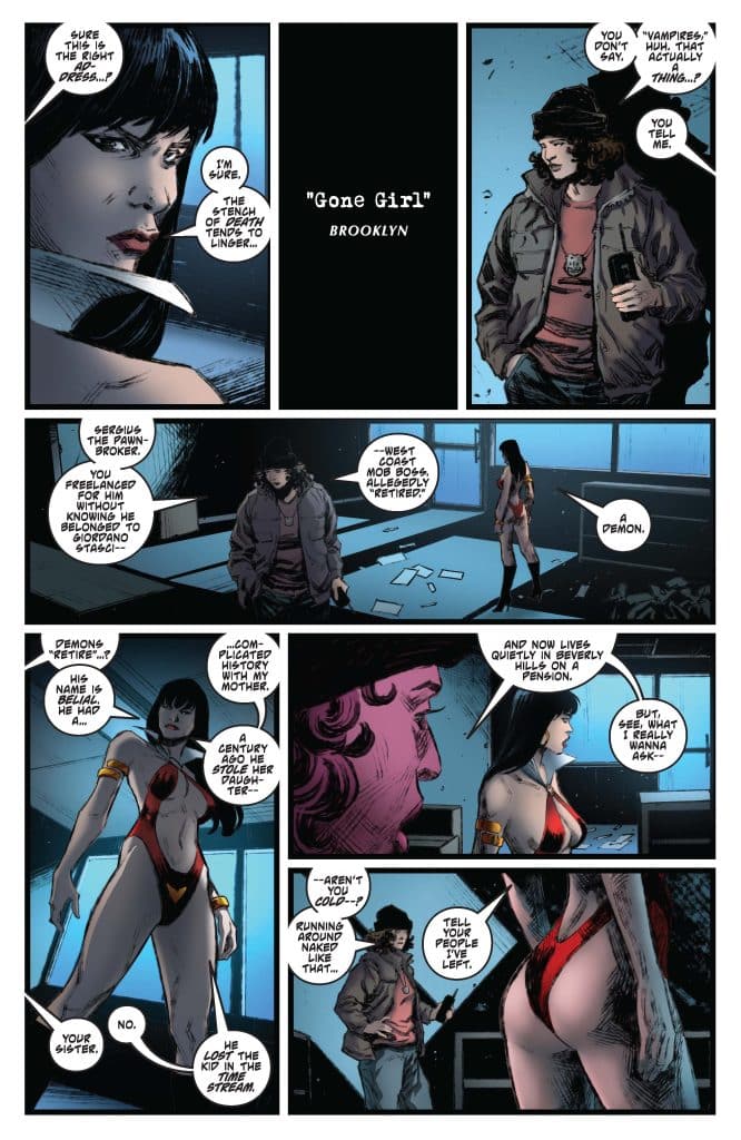A comic book page featuring two characters in conversation. The first character, a woman with black hair, appears serious and is dressed in a stylish outfit. The second character is a man wearing a casual jacket and a hat, looking intrigued. Speech bubbles indicate a discussion about vampires and demons. One character is depicted in a revealing outfit, while the background shows a modern, stylized interior.