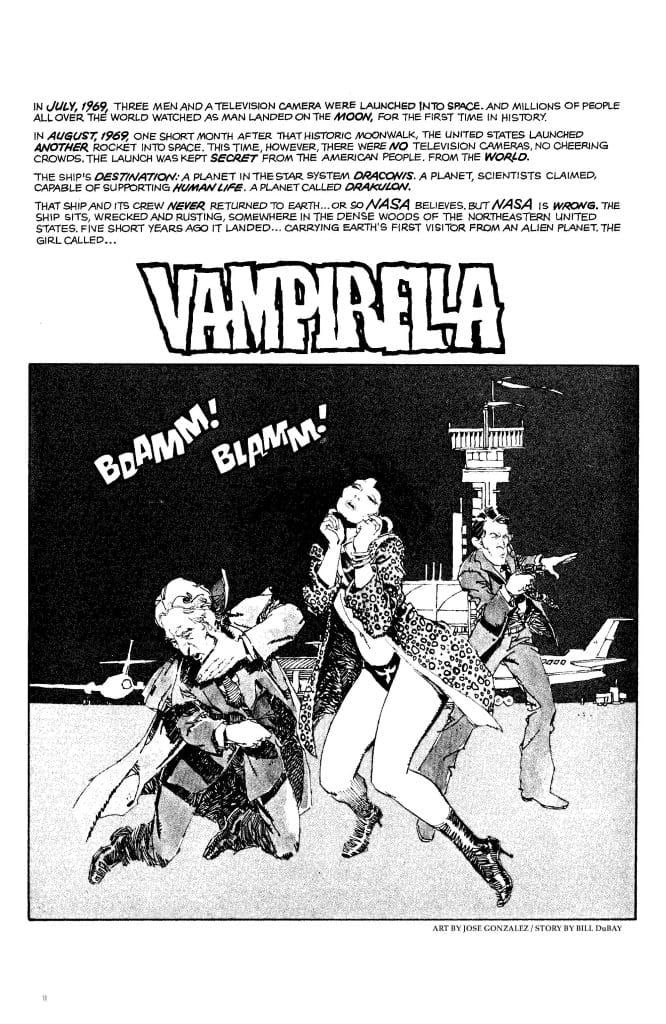 An illustrated comic page featuring the character Vampiella in a dramatic scene, with three other characters reacting to a threat. The artwork includes action phrases like 'Bdamm!' and 'Blamm!', set against a background of a space launch site.