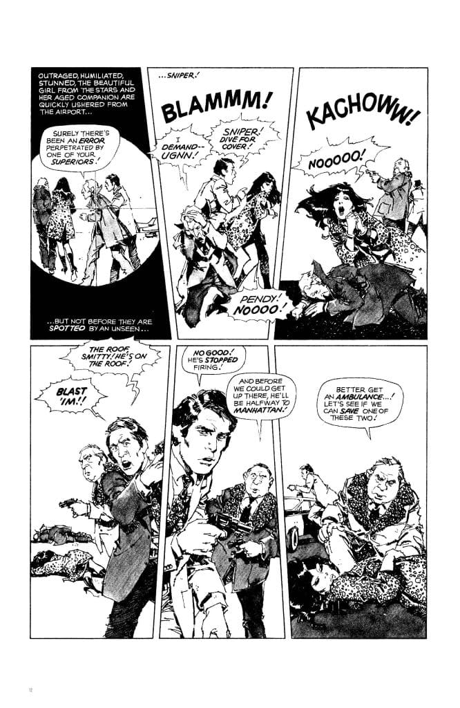 A comic book scene depicting a dramatic encounter involving armed characters. One character exclaims 'Sniper! Dive for cover!' as others react with urgency and fear. The artwork shows expressions of shock and alarm among the figures, with gunfire sound effects 'BLAMMM!' and 'KACHOWWW!' emphasizing the action.