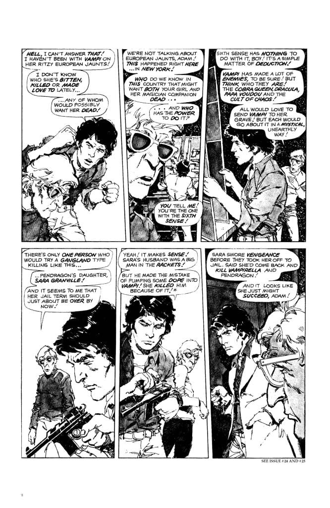 A comic book panel featuring dialogue between characters discussing a murder case, mentioning European jaunts, supernatural elements, and a character named Sara Granville. The scene includes characters with various expressions and a character holding a gun.