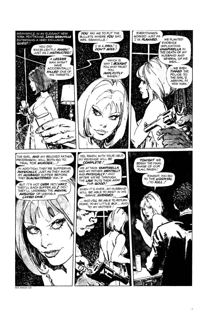 A black and white comic book page featuring two main female characters engaged in a conversation about a plot involving murder and revenge. One character is holding a gun, while the other appears to be strategizing their next move.