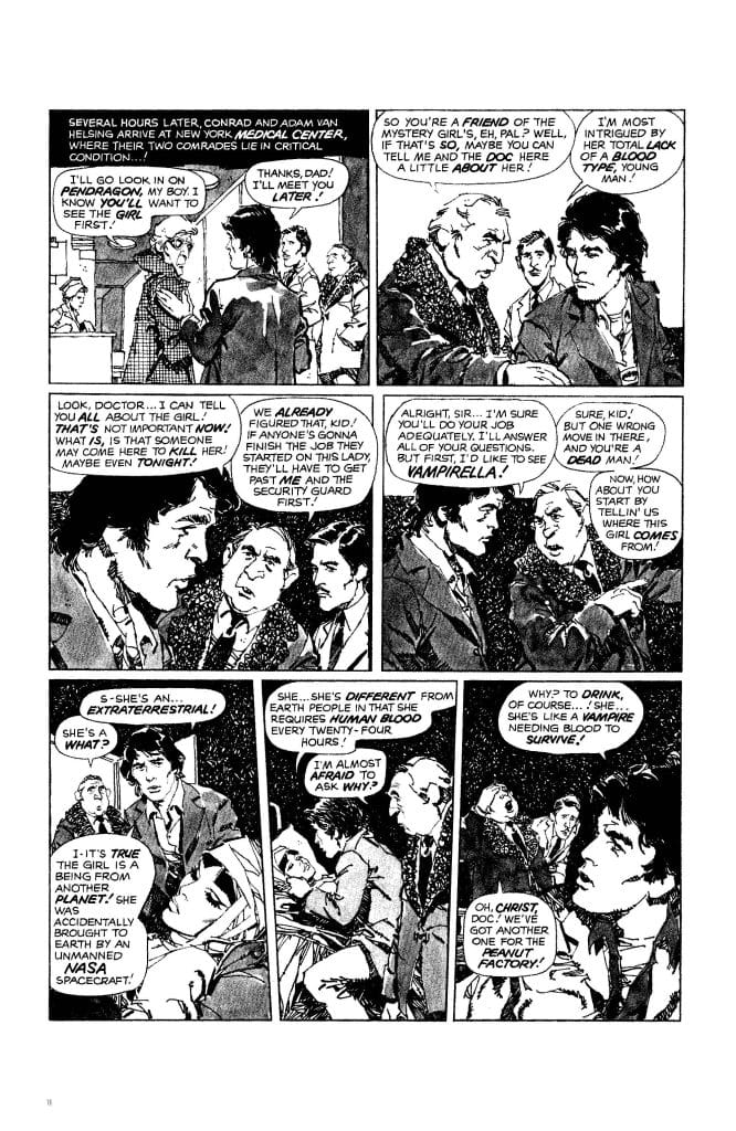 Comic panel depicting a group of characters discussing a mysterious girl at a medical center, with dialogue about her being an extraterrestrial requiring human blood.