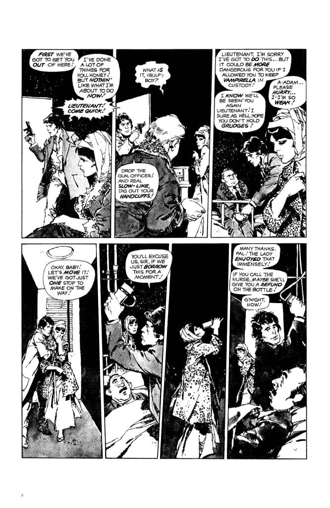 A black and white comic strip with a series of panels depicting characters engaged in a dramatic conversation. The scene includes a lieutenant, a nurse, and other figures, expressing concern and urgency. Dialogue balloons convey their emotions and interactions, suggesting a tense situation.