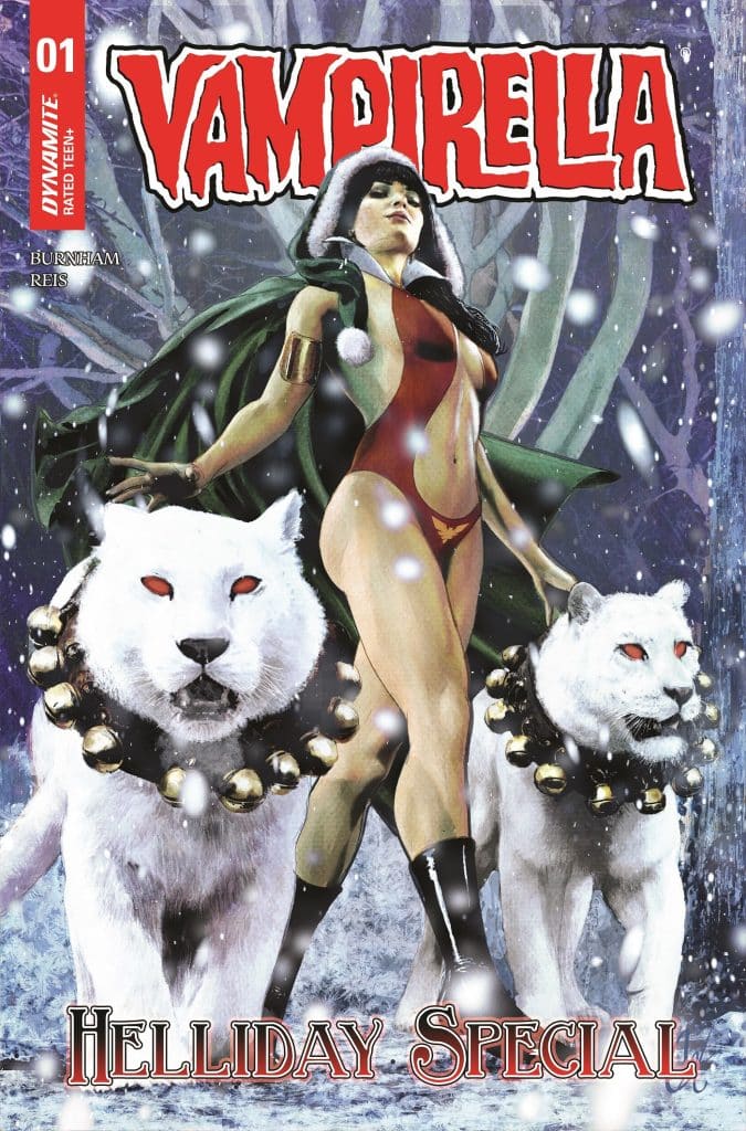 Cover of Vampirella: Helliday Special comic featuring a woman in a red and white outfit with a green cape, standing in the snow beside two white lions with bell collars.