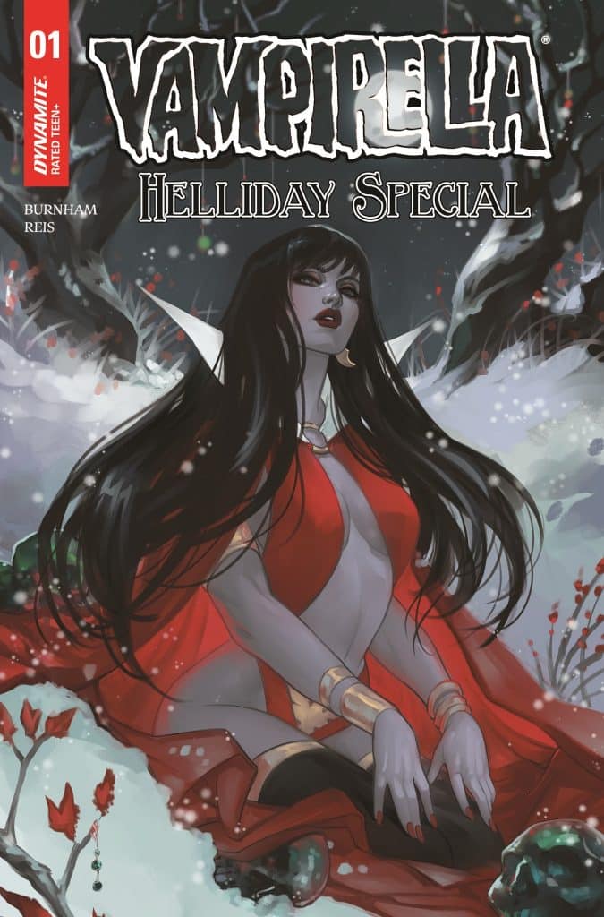 Cover of Vampirella Helliday Special comic featuring a dark-haired, pale-skinned woman in a red dress surrounded by a snowy landscape with red berries.