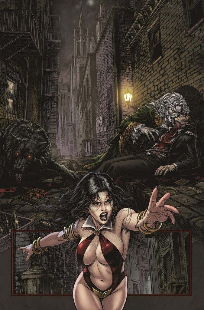 A fierce female character in a revealing costume stands in a dark alley, shouting or reaching out, while a sinister figure with white hair bends over a fallen man. In the background, a shadowy wolf lurks near a streetlamp, adding to the eerie atmosphere.