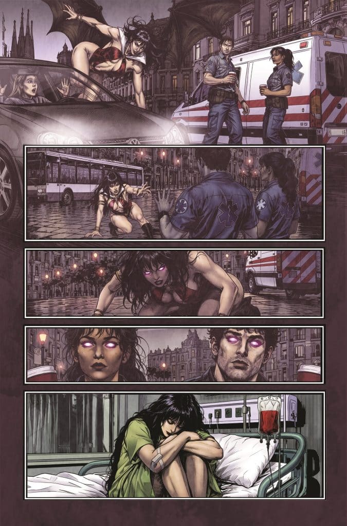 A comic book panel showing a vampire woman with bat wings emerging from a car, causing alarm to the driver inside; two paramedics stand nearby.