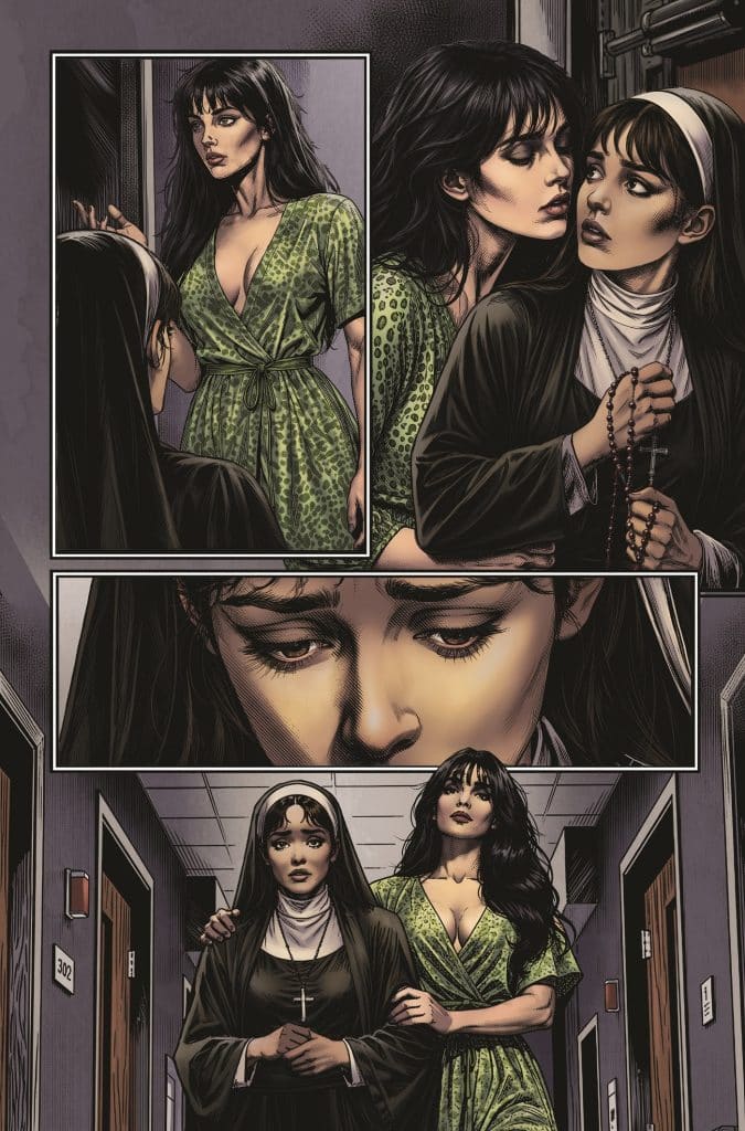 A dramatic comic panel showing two women, one in a green dress and the other in a nun's habit, having an intense conversation in a corridor. The expressions convey tension and emotion.