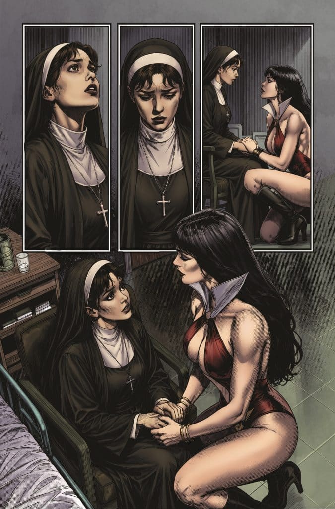 A comic panel featuring a nun and a woman in a revealing outfit. The nun expresses concern while sitting in a chair, holding hands with the other woman, who has a seductive demeanor. The background shows a simple room with a bed and bedside table.