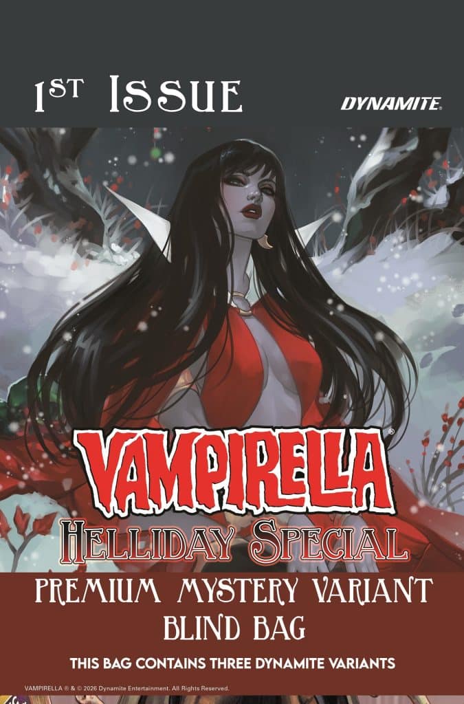 Cover of the 'Vampirella Helliday Special' comic book featuring a female character with long dark hair and a red outfit, set against a wintery background with snow.