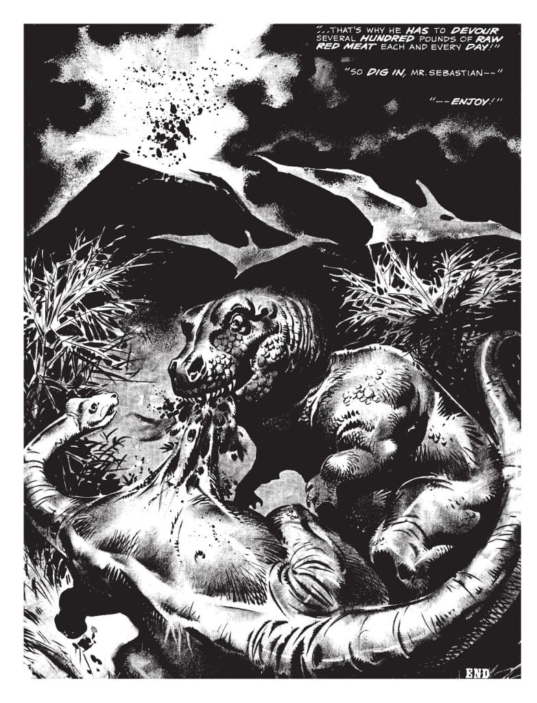 Black and white illustration of a dinosaur feasting on a large animal amidst rocky terrain, with an explosion in the sky. Captions suggest a humorous context about the dinosaur's eating habits.