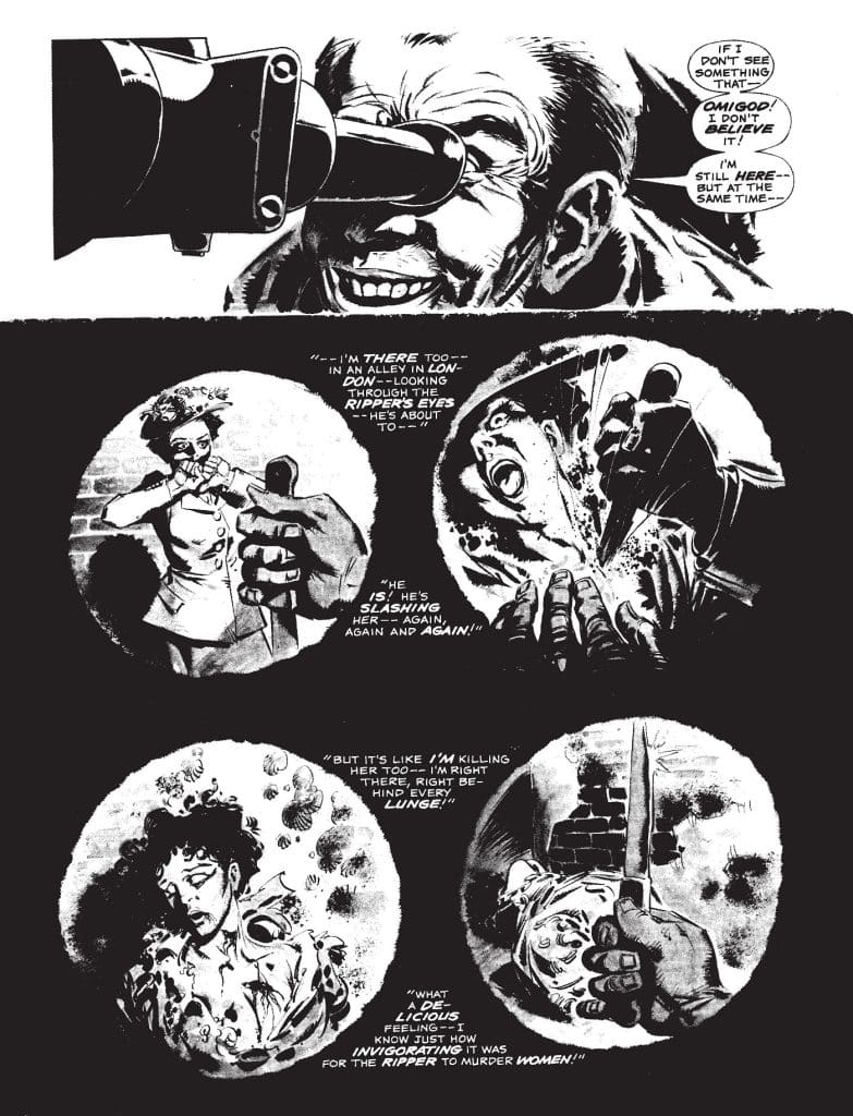A comic book panel depicting a sinister-looking man looking through a spyglass, with a grotesque smile, and speech bubbles expressing horror and exhilaration at witnessing violence. The surrounding panels illustrate a woman being attacked in a dark alley, emphasizing themes of fear and the psychological impact of violence.