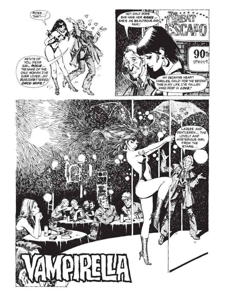 Comic panel featuring a character named Vampirella performing on stage, surrounded by an audience in a venue, with speech bubbles discussing love and admiration.